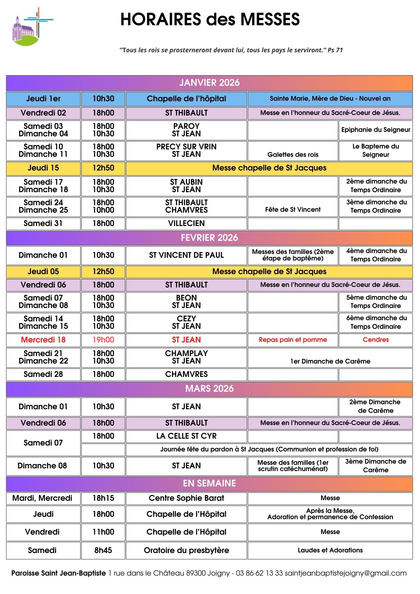 HORAiRES des MESSES Janvier Février 2026
