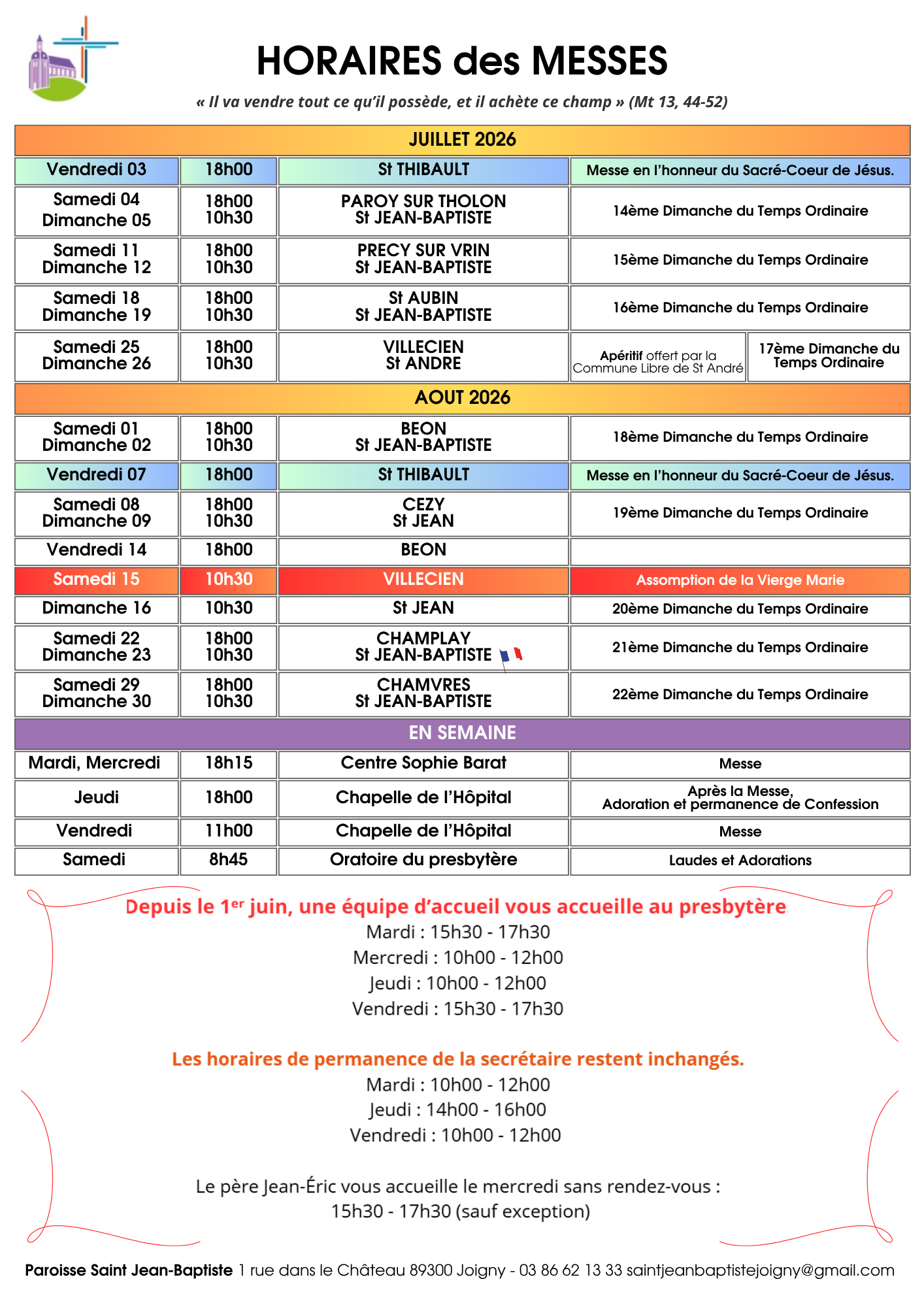 HORAiRES des MESSES juillet août