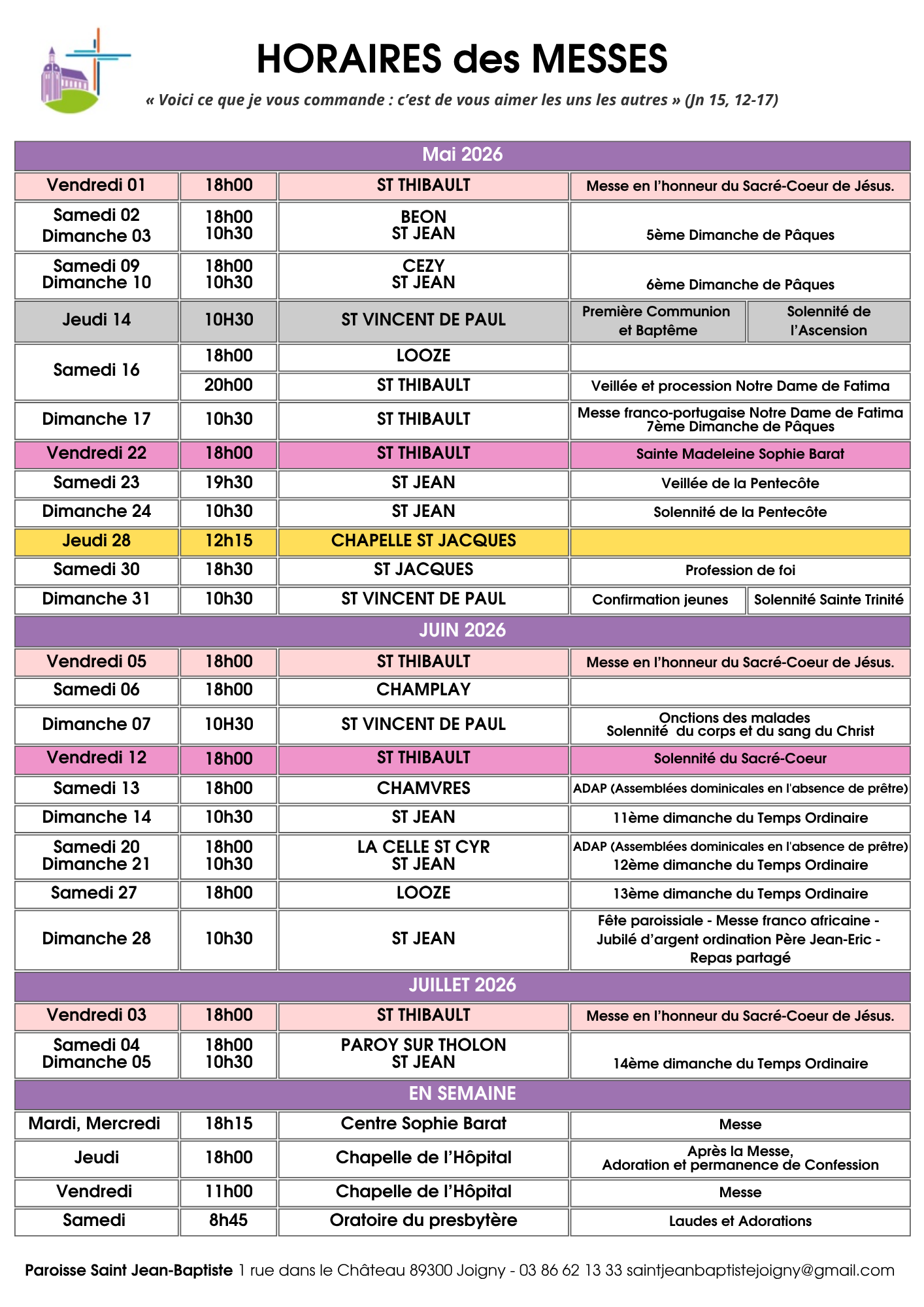 HORAiRES des MESSES MAI JUIN 2026